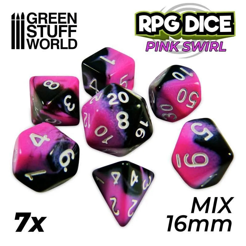 7x Mix 16mm Dice - Pink Swirl - ZZGames.dk